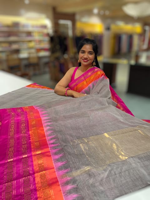 Light Grey Ponduru Khadi Saree in 80’s Count with Kanchi Style Borders