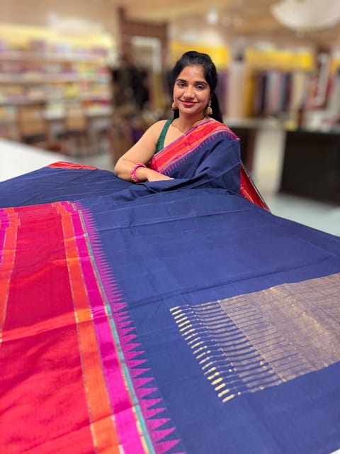 Midnight Blue Ponduru Khadi Saree in 80’s Count with Kanchi Style Borders