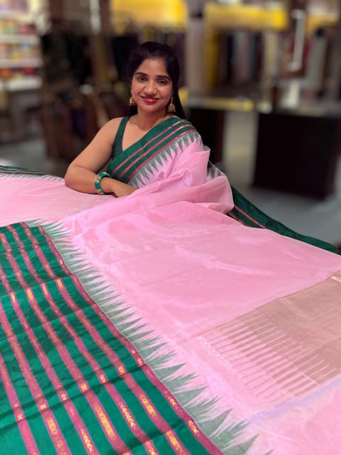 Lotus Pink Ponduru Khadi Saree in 80’s Count with Kanchi Style Emerald Green Borders