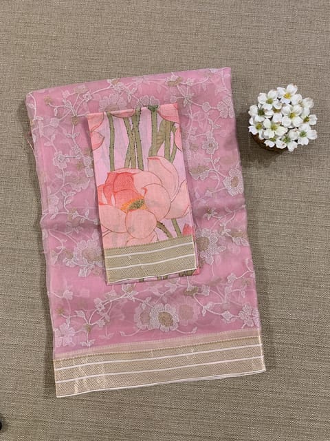 Pink Muslin All-Over Embroidered Saree with Pichwai Printed Blouse