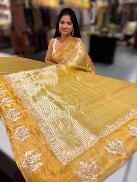 Yellow Kora Tissue Stripes Saree with Embroidery
