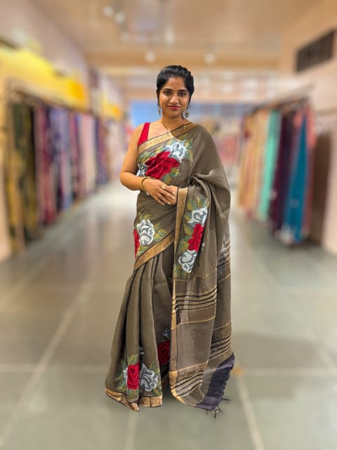 Elephant Grey Tussar Brocade Saree with Statement Red Rose Embroidery