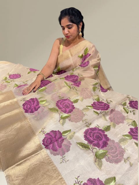 Water Gold Tissue Saree with Embroidery