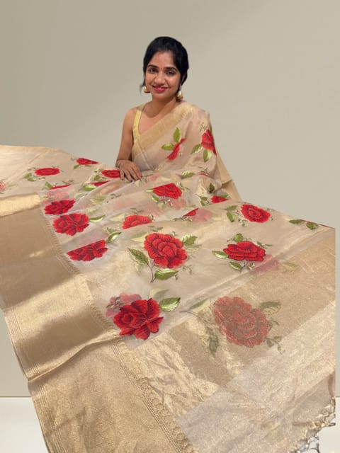 Light Gold Tissue Saree with Embroidery