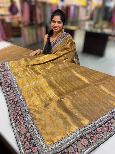 Antique Gold Tissue Checks Saree with Statement Borders