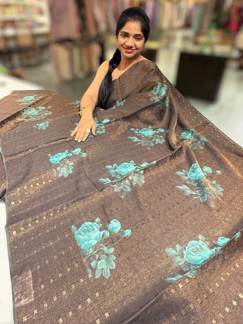 Darkest Brown Printed Tussar Tissue Saree
