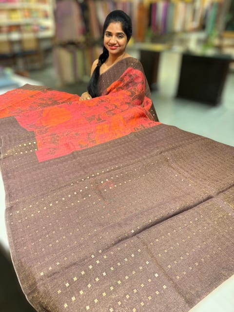 Brown Printed Tussar Tissue Saree