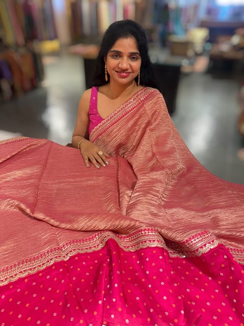 Dark Pink Crush Tissue Saree with Bandhini &sabhya Borders
