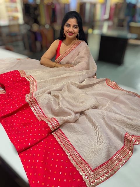 Dusty Mauve Crush Tissue Saree with Bandhini & Sabhya Borders