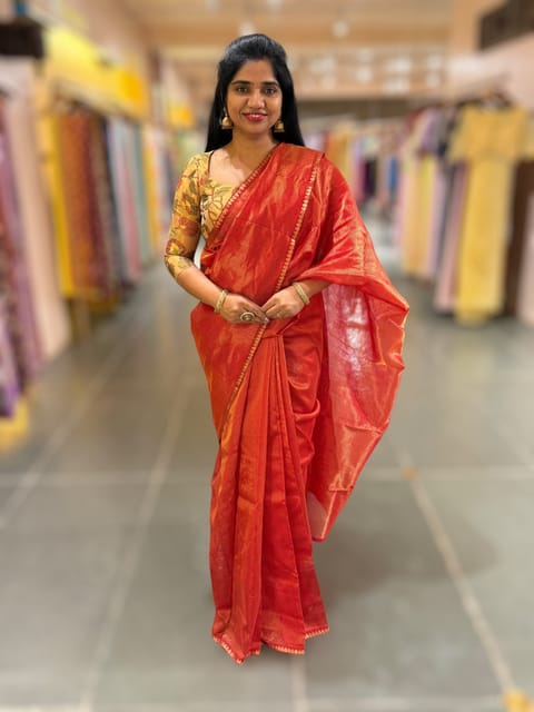 Red Chanderi Tissue Saree with Designer Tissue Blouse