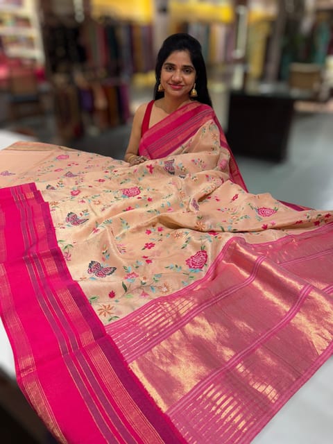 Peach Tissue Gorgette Fusion Saree with Vidarbha Borders