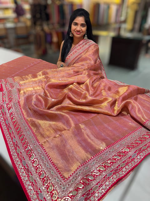 Dark Pink Tissue Checks Saree with Statement Borders