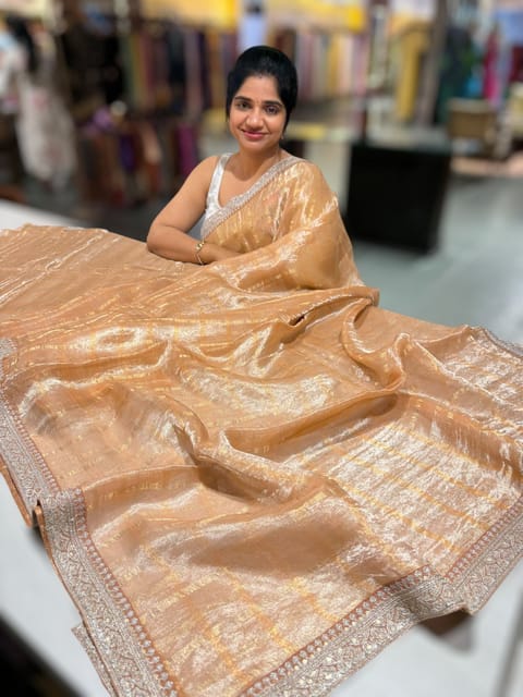 Peach Tissue Checks Saree with Statement Borders