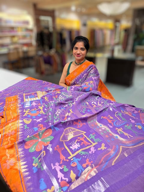 Light Purple Ponduru Khadi Jamdani Allover Weaving Saree with Tissue Paithani Borders