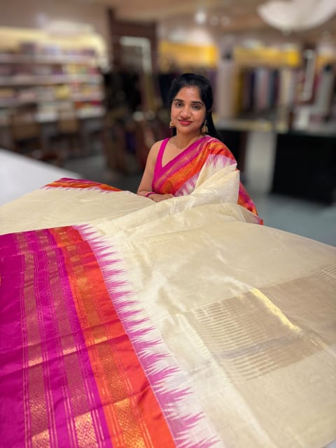 Ivory Ponduru Khadi Tissue Saree in 80’s Count with Kanchi Style Borders