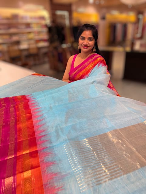 Pastel Blue Ponduru Khadi Tissue Saree in 80’s Count with Kanchi Style Borders