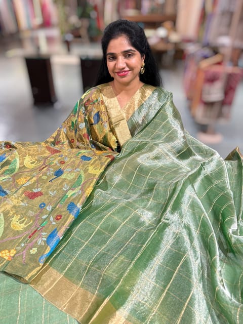 Green Tissue Checks Saree with Paithani Inspired Embroidered Tissue Blouse