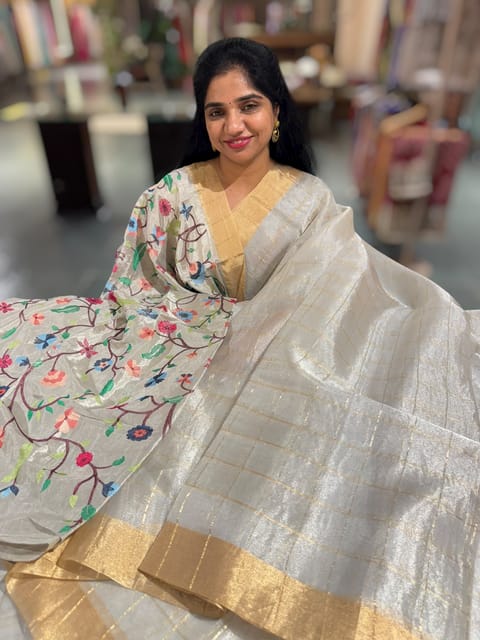 Silver Tissue Checks Saree with Paithani Inspired Embroidered Tissue Blouse