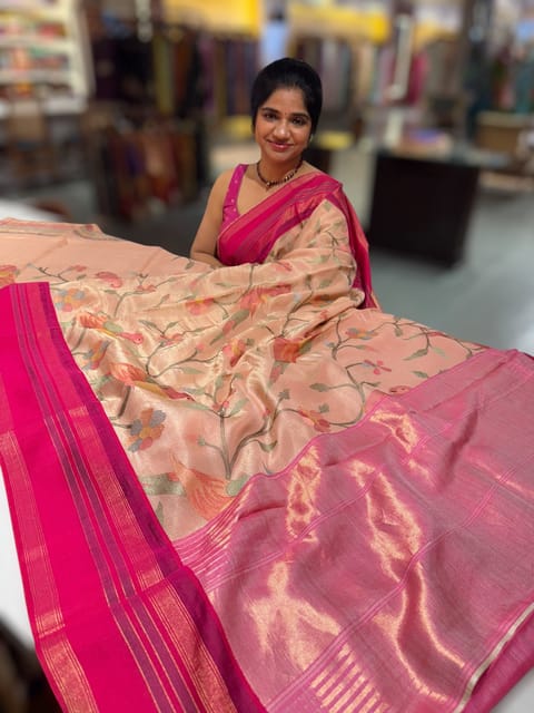 Nude Pink Tissue Gorgette Fusion Saree with Vidarbha Borders