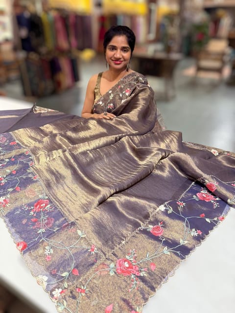 Dark Violet Pure Tissue Saree with Embroidered Border