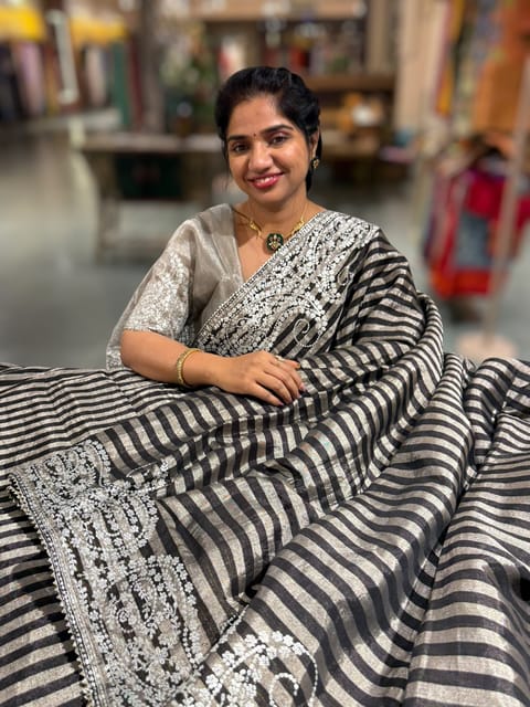 Black & Silver Combo Chanderi Tissue Saree with Heavy Pita Embroidered Border