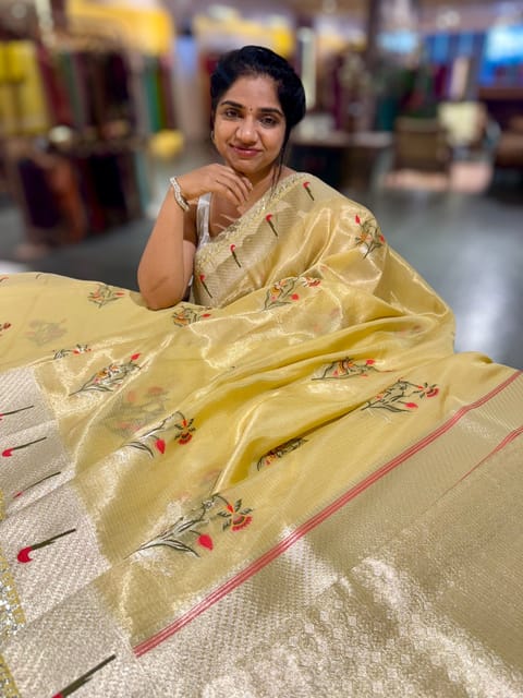 Pastel Yellow Tissue Kota Saree with Statement Borders and Blouses