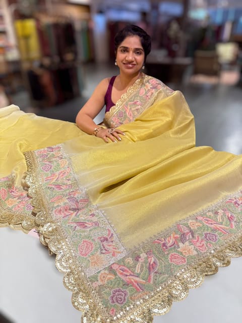 Golden Yellow Tissue Gorgette Saree with Petite Point Embroidered Border