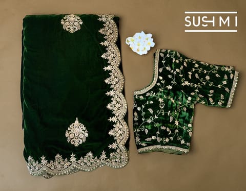 Bottle Green Micro Velvet Saree with Heavy Handwork
