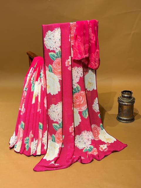 Reddish Pink Georgette Sequence Saree with Statement Floral Print
