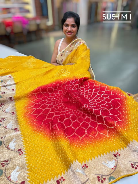 Yellow Designer Silk Kota Rai Bandhej Saree with Paithani Embroidery