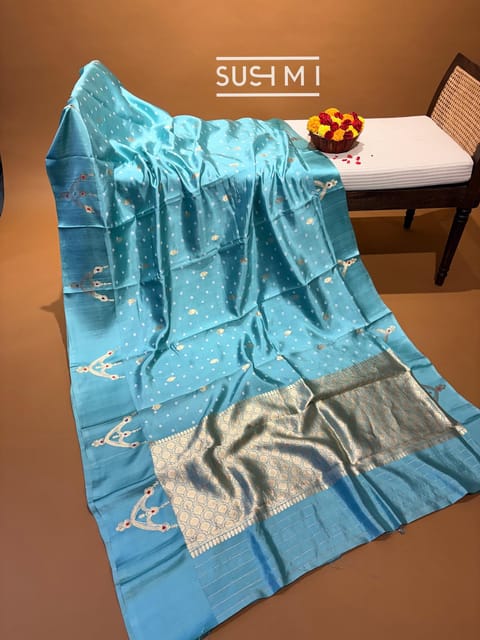 Pastel Blue Banarasi Silk Saree with Hand Done Bandhej