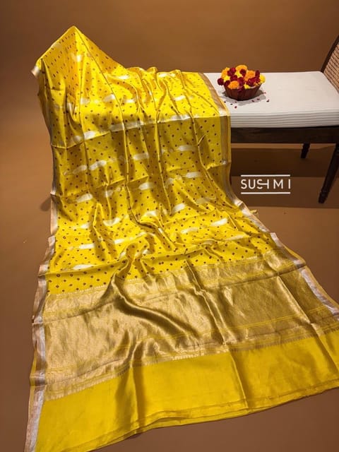 Yellow Banarasi Silk Saree with Hand Done Bandhej