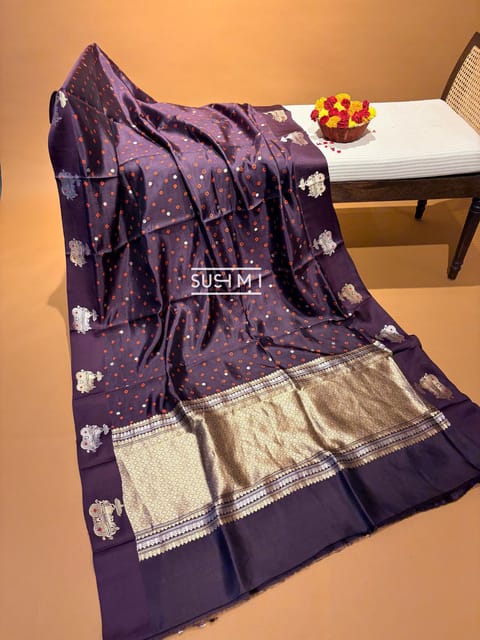 Wine Brown Banarasi Silk Saree with Hand Done Bandhej
