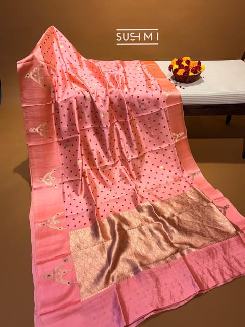 Coral Peach Banarasi Silk Saree with Hand Done Bandhej