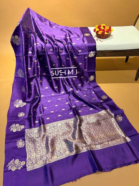 Brinjal Banarasi Silk Saree with Hand Done Bandhej