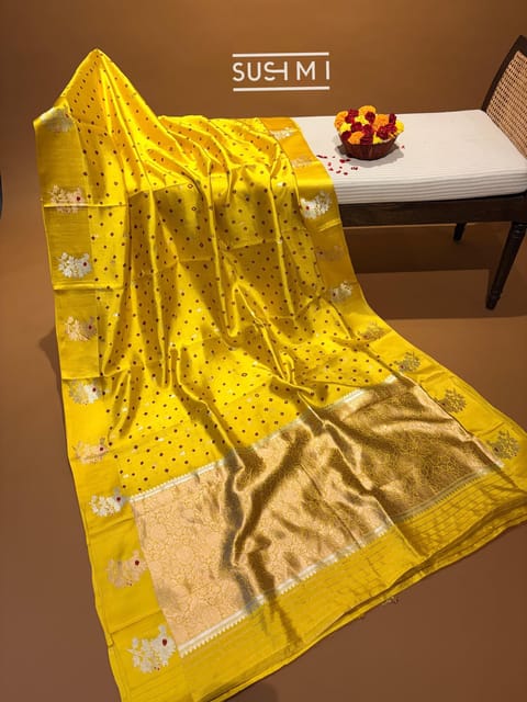 Yellow Banarasi Silk Saree with Hand Done Bandhej