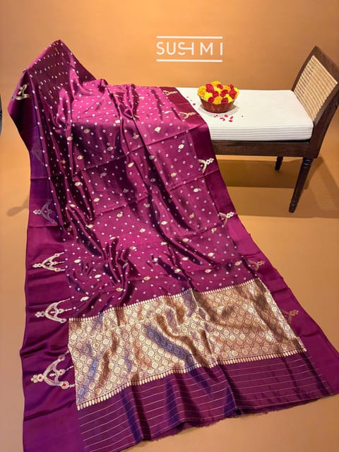Wine Banarasi Silk Saree with Hand Done Bandhej