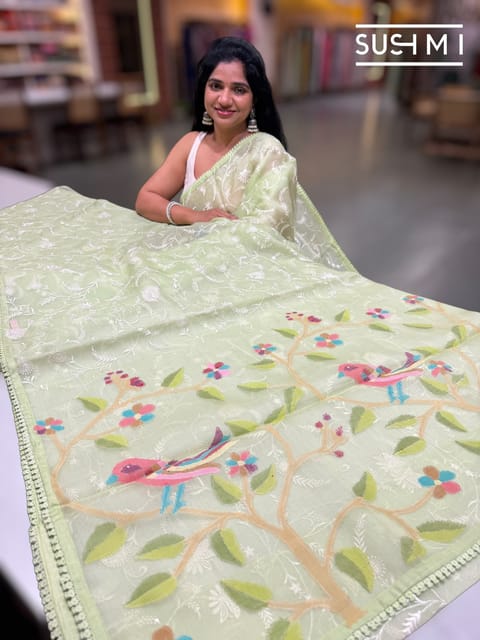Light Apple Green Pure Handloom Muslin Saree with Chikakari Embroidery and Jamdani Pallu