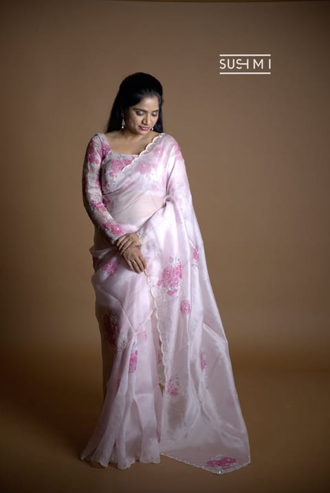Half White Pure Organza Saree with Hand-Paint and Handwork Highlighting