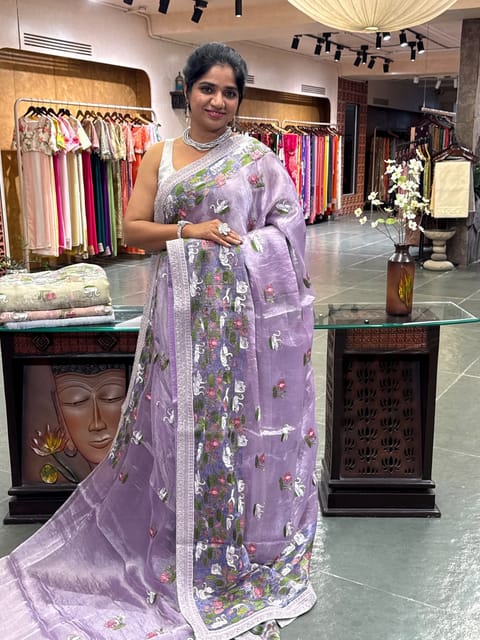 Lilac Handloom Kora Tissue Saree with Pond Theme Embroidery