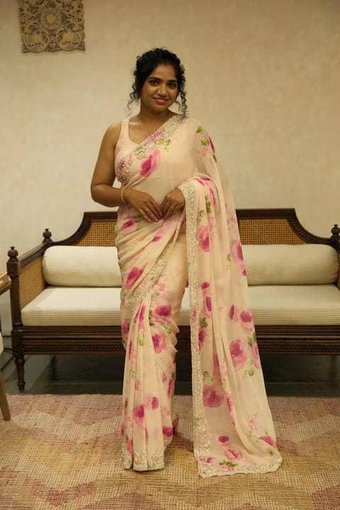 Nude Pink Pure Georgette Floral Printed Saree with Handwork Borders