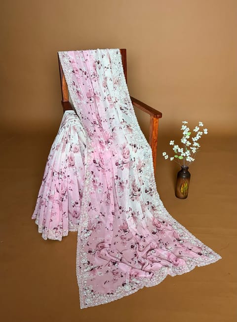 Ombre Dyed Pure Georgette Floral Printed Saree with Handwork Borders