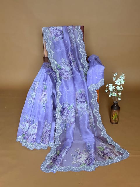 Lilac Organza Saree with Floral Print and Scalloped Handwork Border