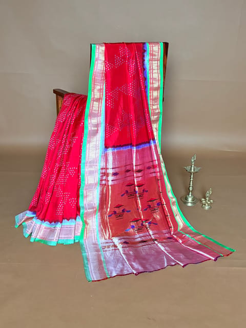 Red Pure Handloom Bandhini Paithani Saree