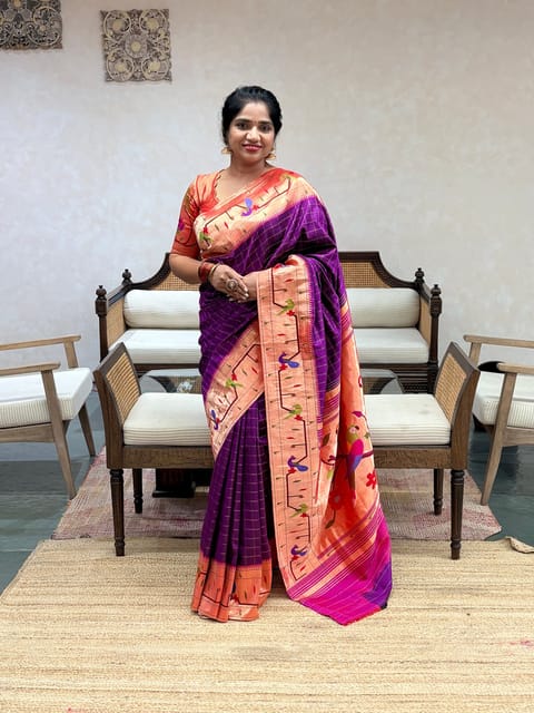 Purple Pure Handloom Checks Paithani Saree with Parrot Peacock Border