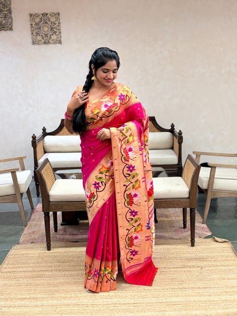 Rani Pink Pure Handloom Paithani Saree with Swan Lotus and Parrot Border