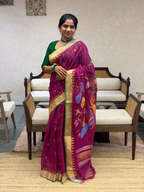Beetroot Pink Pure Handllom Ponduru Khadi Jamdani Saree
