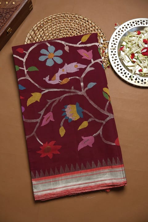 Burgundy Pure Handloom Ponduru Khadi Jamdani Saree