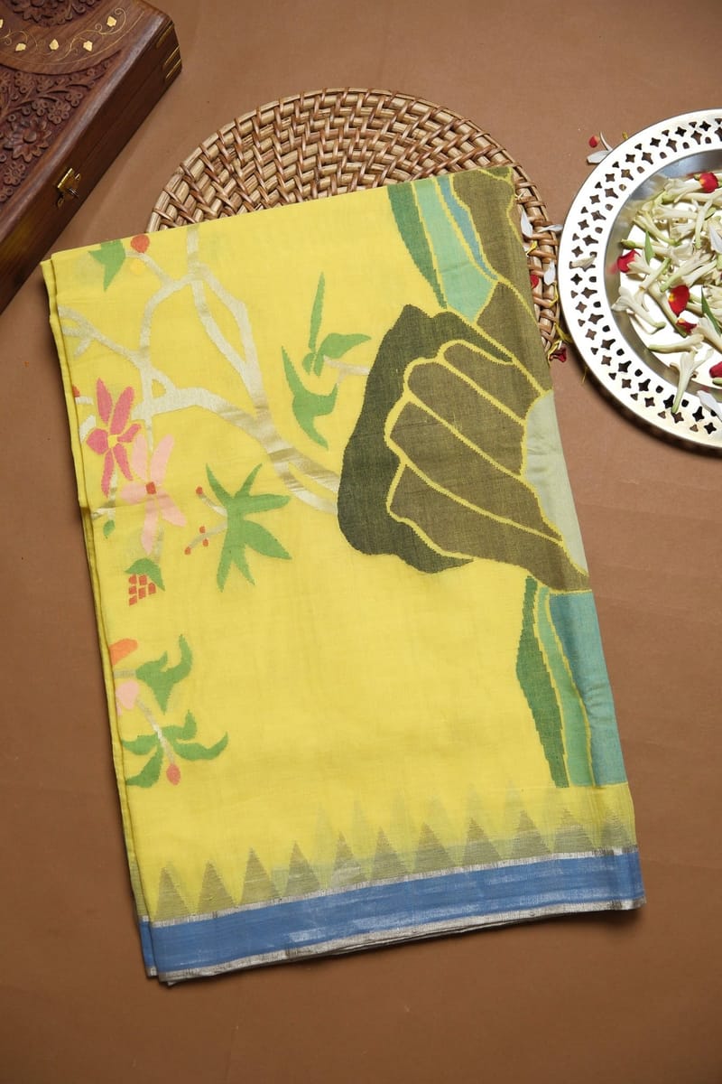 Lemon Yellow Pure Handloom Ponduru Khadi Jamdani Saree