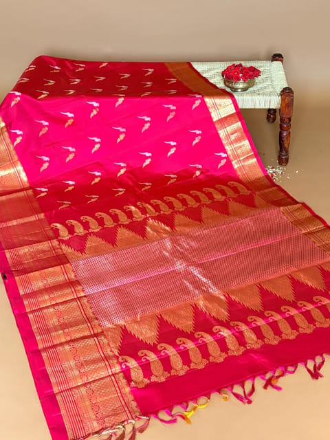 Ruby Pink Pure Handloom Gadwal Kanchi Saree in Monotone Look
